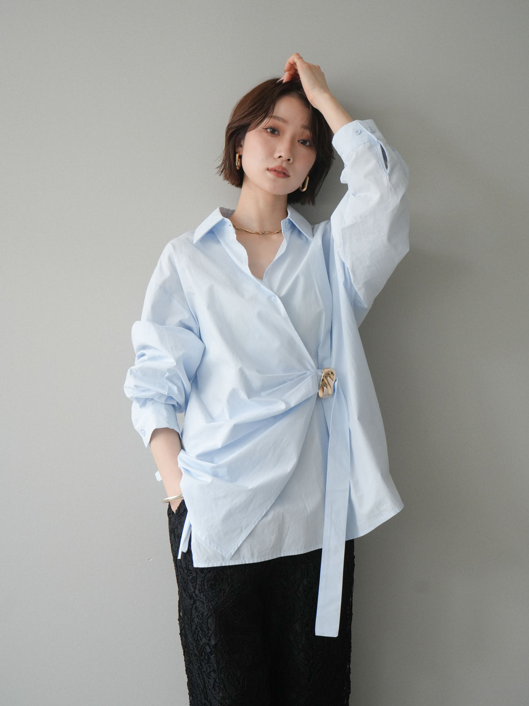 [SET]メタルパーツドレープシャツ+シアーコードレースイージーパンツ(2set)