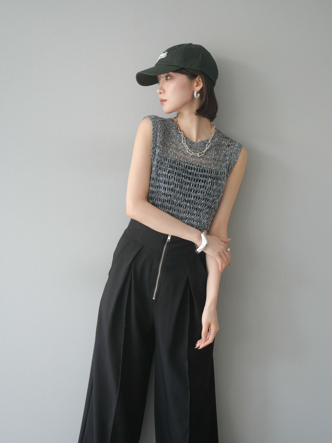 [予約]ミックスヤーン透かし編みニットタンクトップ/ブラック