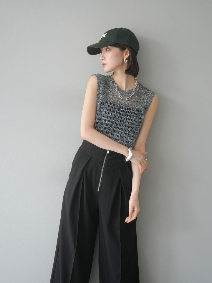 [予約]ミックスヤーン透かし編みニットタンクトップ/ブラック