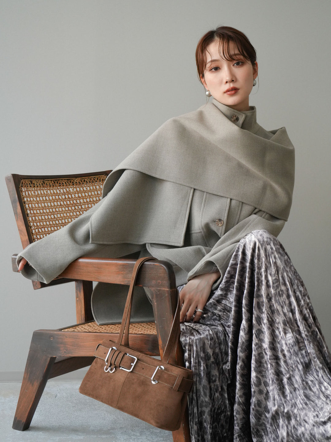 [予約]ストール付きミディアムコート/khaki