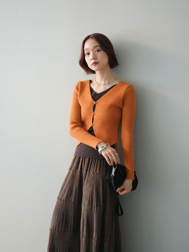 [SET]Vネック配色レイヤードスリットニットトップス+型押しスエードティアードプリーツスカート(2set)