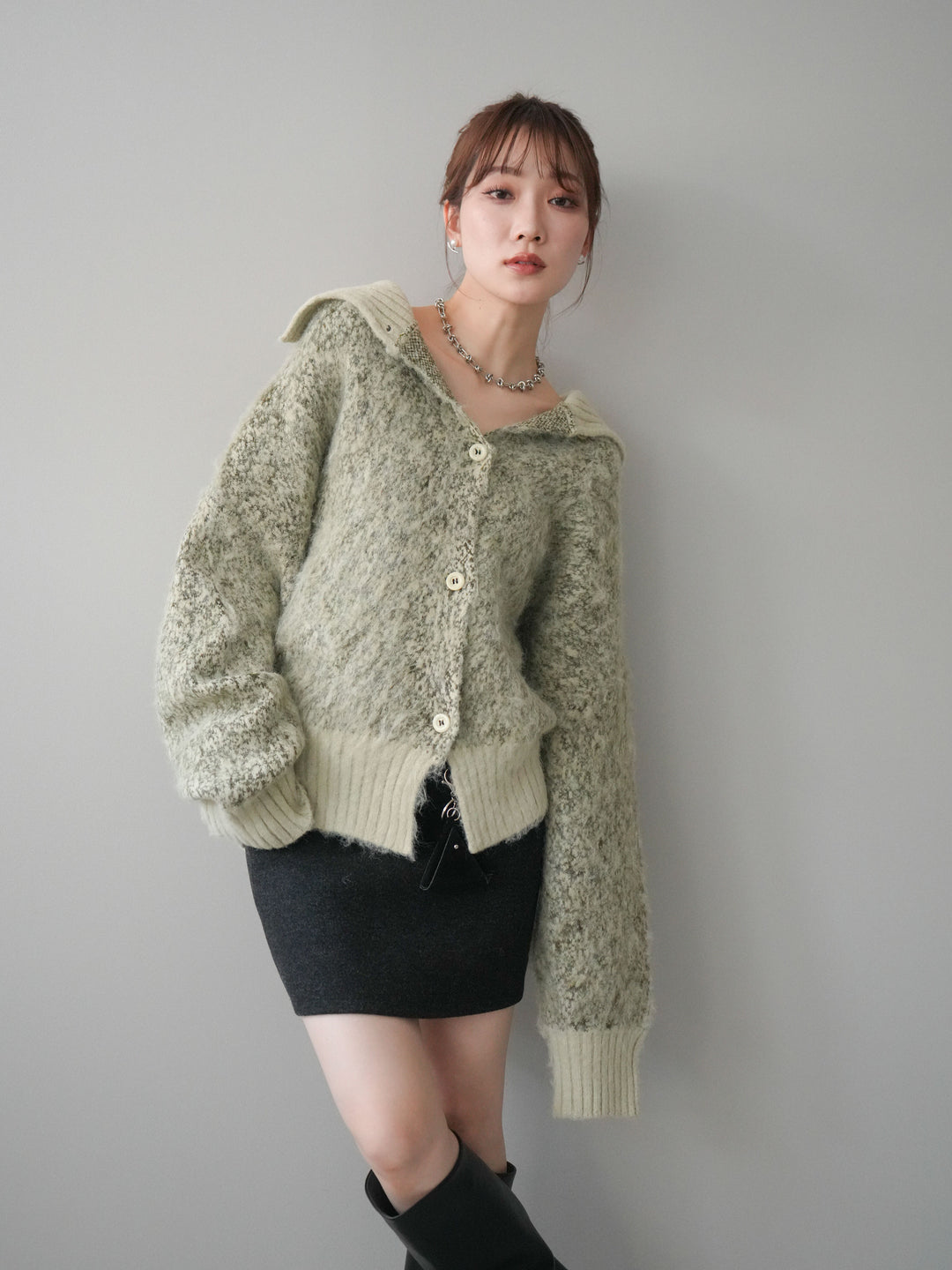[予約]リブ切替メランジニットカーディガン/green