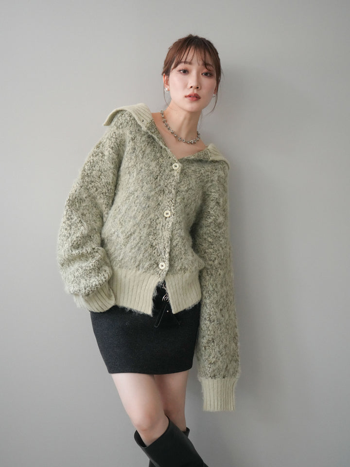 [予約]リブ切替メランジニットカーディガン/green