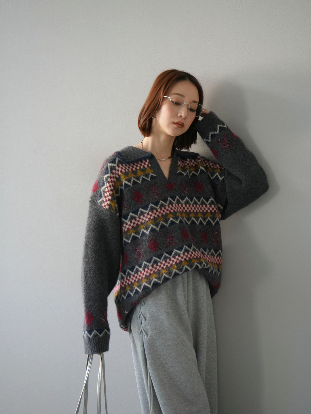 [予約]ノルディック柄ポロニットプルオーバー/チャコール