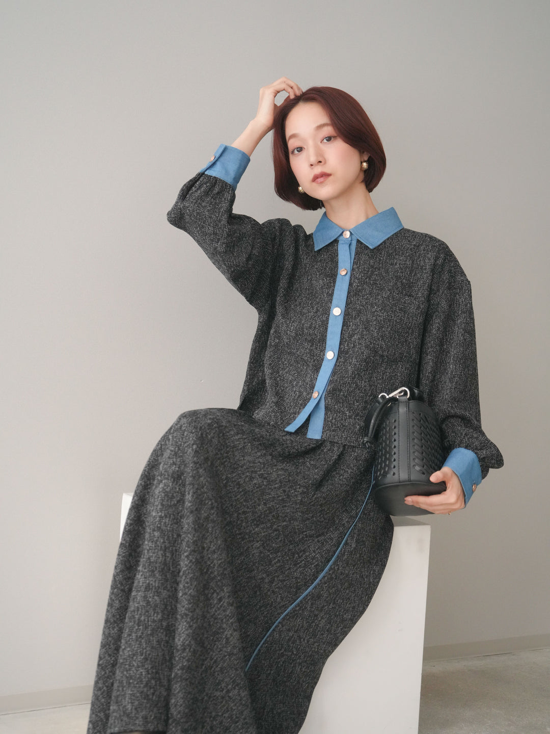 [SET]異素材サマーツイードシャツ+異素材サマーツイードタックフレアスカート(2set)