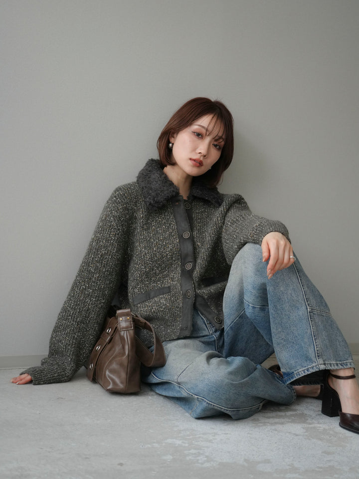 [SET]襟ボアミックスヤーンニットカーディガン+ベルト付カーブデニムパンツ(2set)