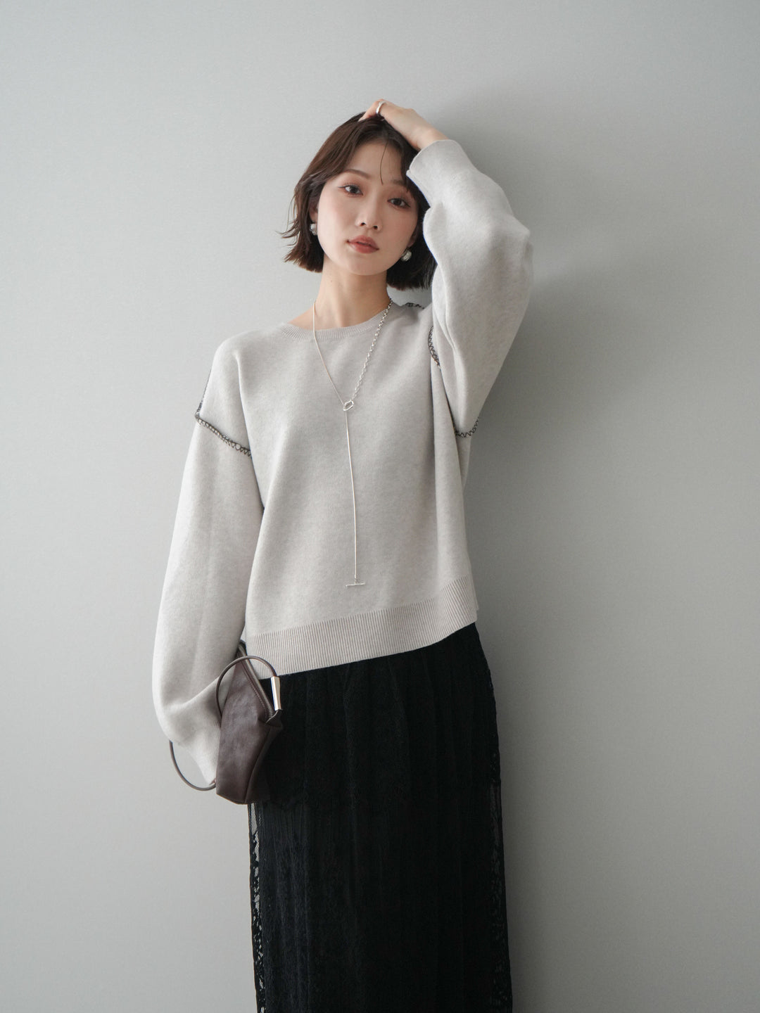 [SET]バックロゴ刺繍配色ステッチニットプルオーバー+選べるアクセセット(2set)