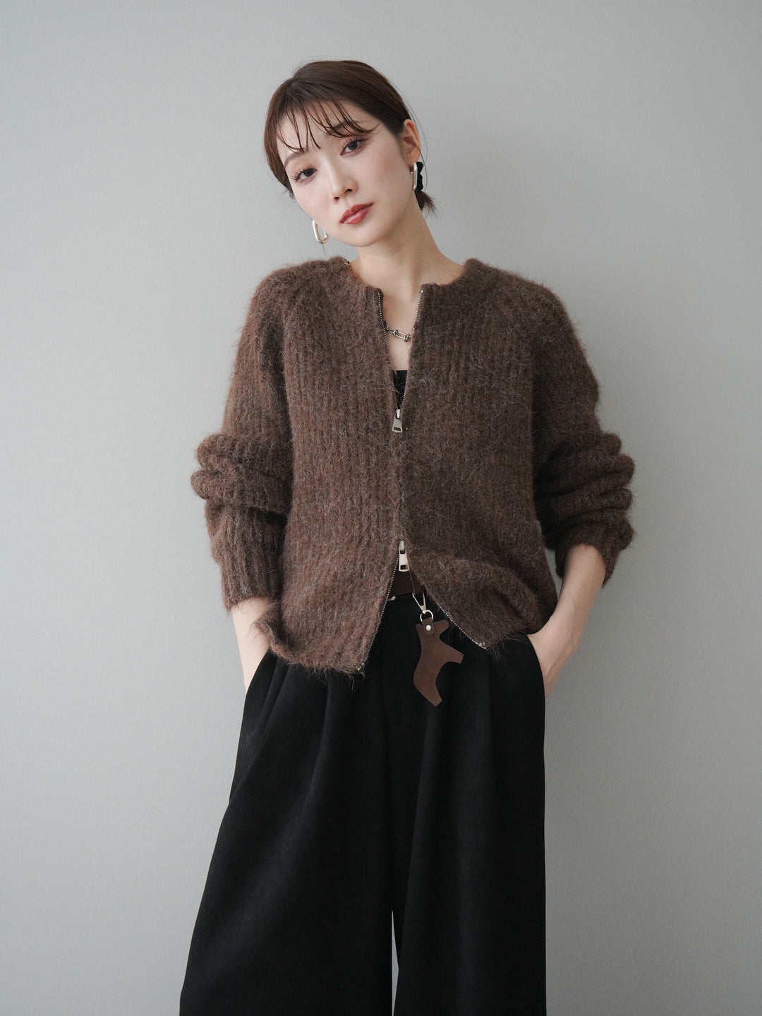 [予約]MIXヤーンモヘアタッチZIPニットカーディガン/brown