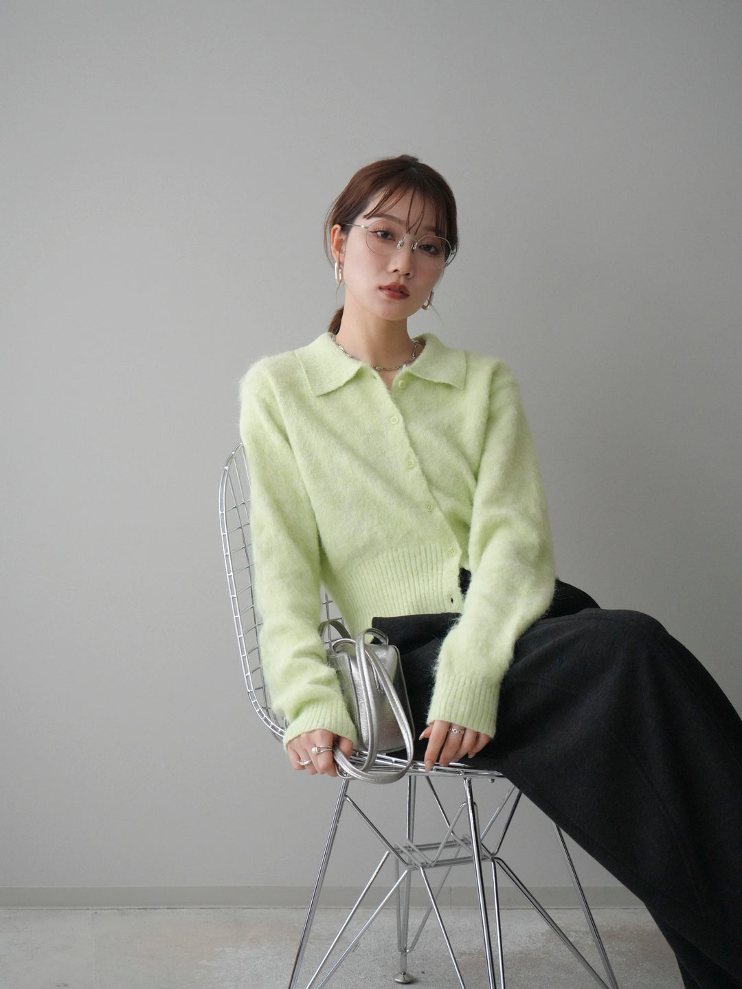 [予約]モヘア衿付きボタンプルオーバー/lime