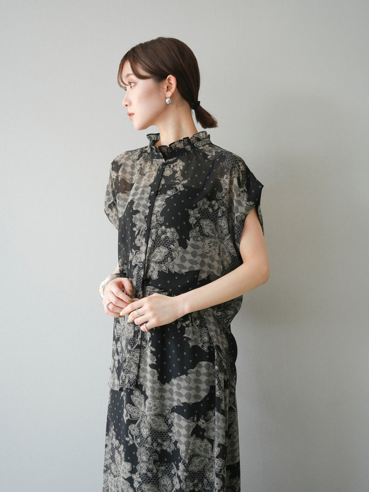 [SET] 花朵圖案法式袖襯衫 + 花朵圖案喇叭裙 (2 套)