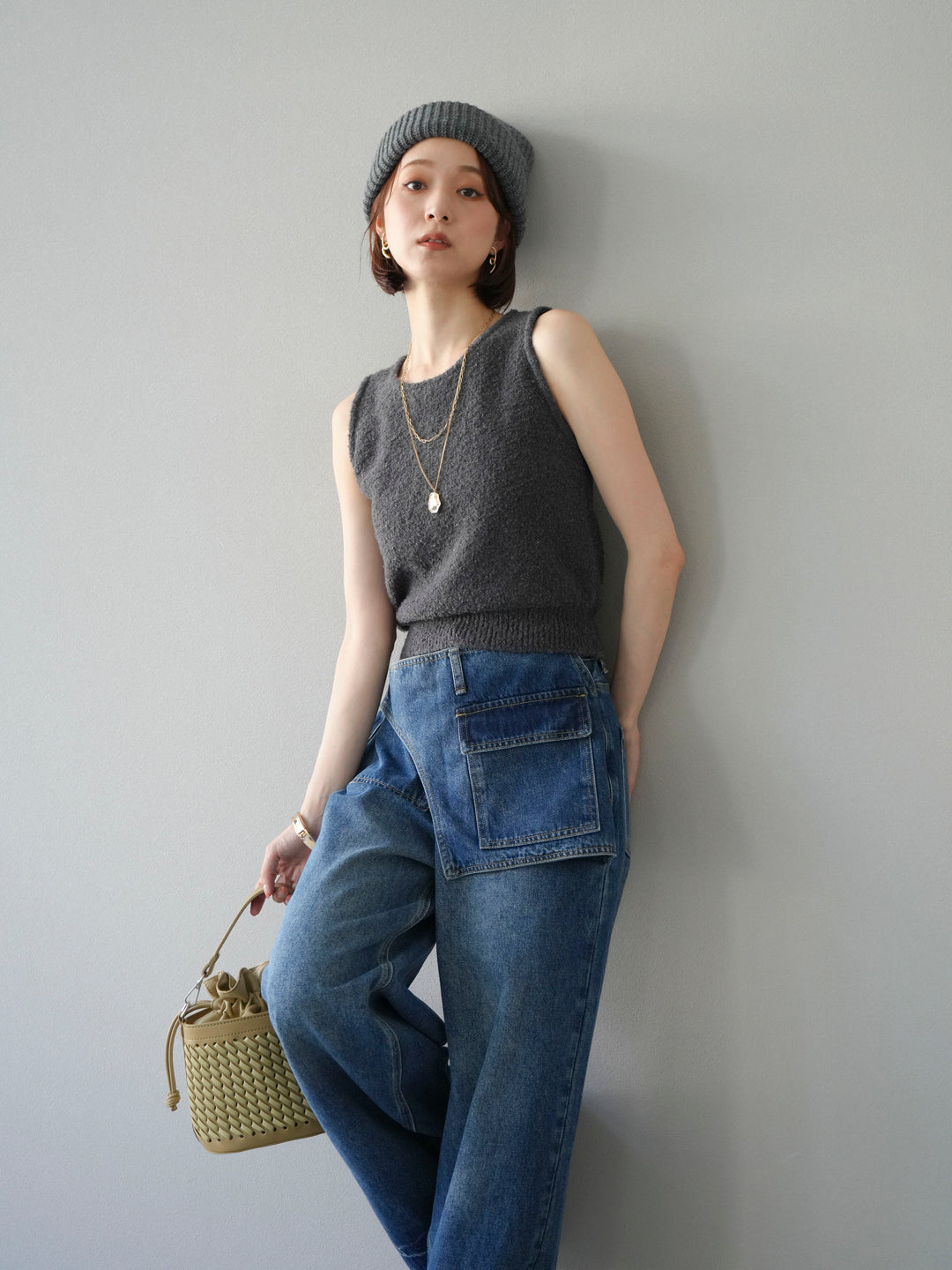 [予約]ブークレニットタンクトップ/チャコール