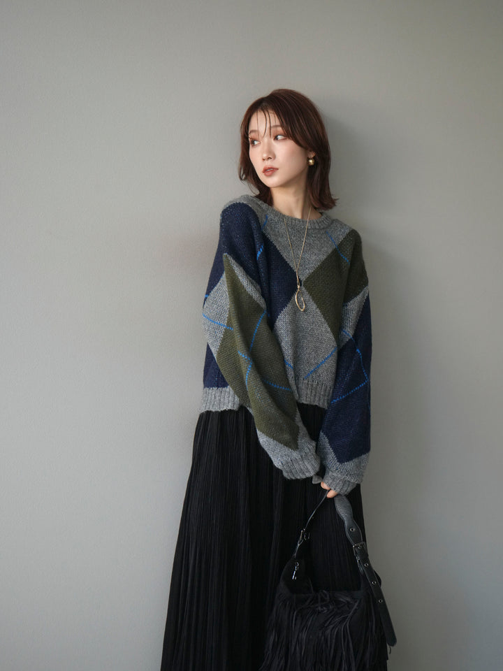 [予約]配色ステッチアーガイル柄ニットプルオーバー/gray