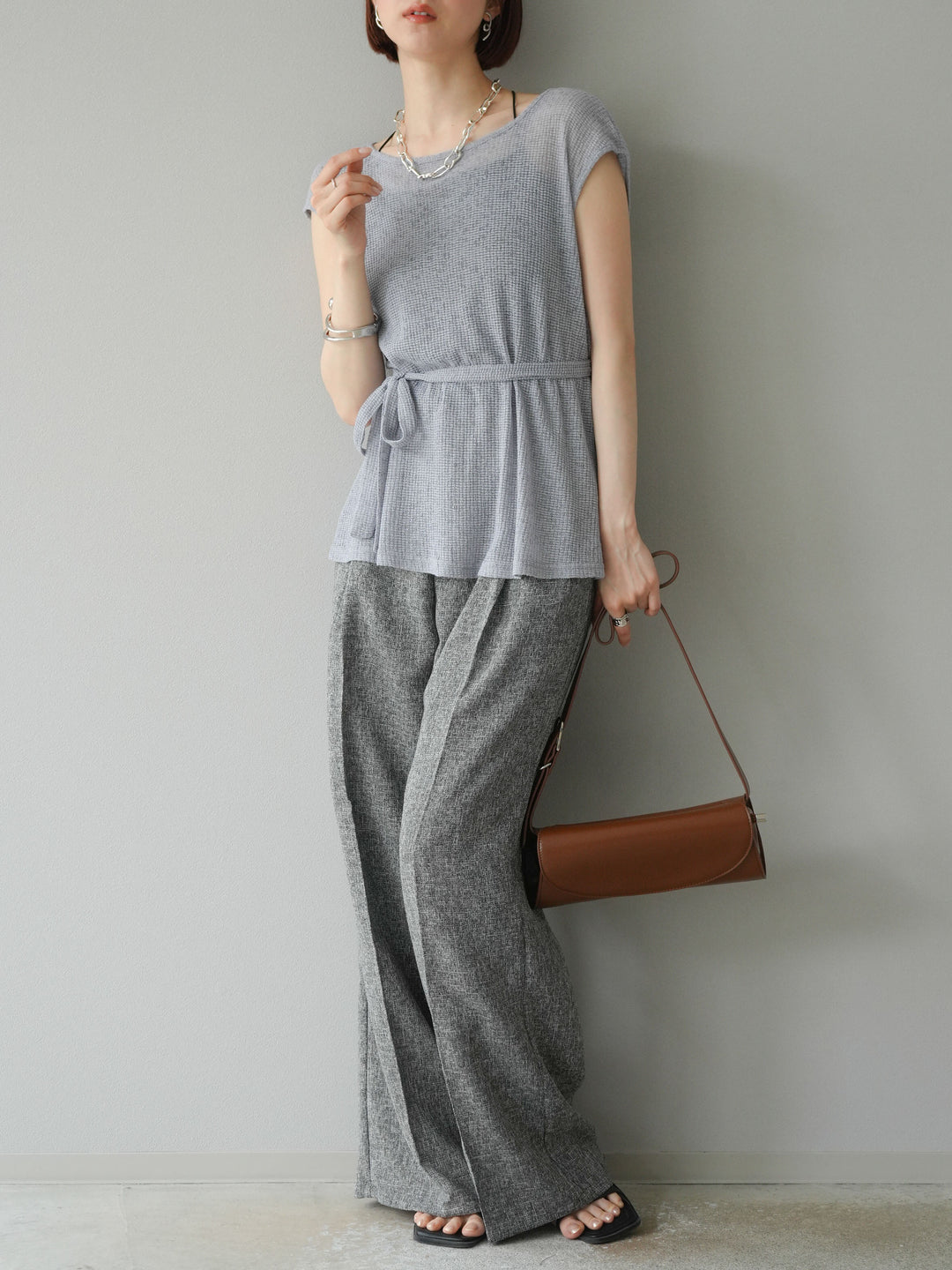 [預購] 混合粗花呢褶襉褲/黑色