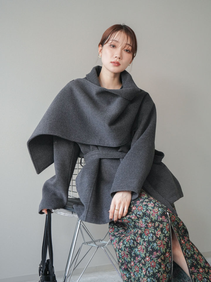 [予約]ストールデザインショートコート/charcoal