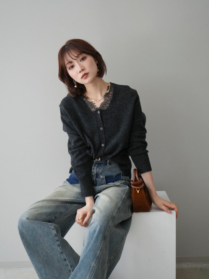 [SET]レースネックニットカーディガン+染めデザインポケットデニムパンツ(2set)