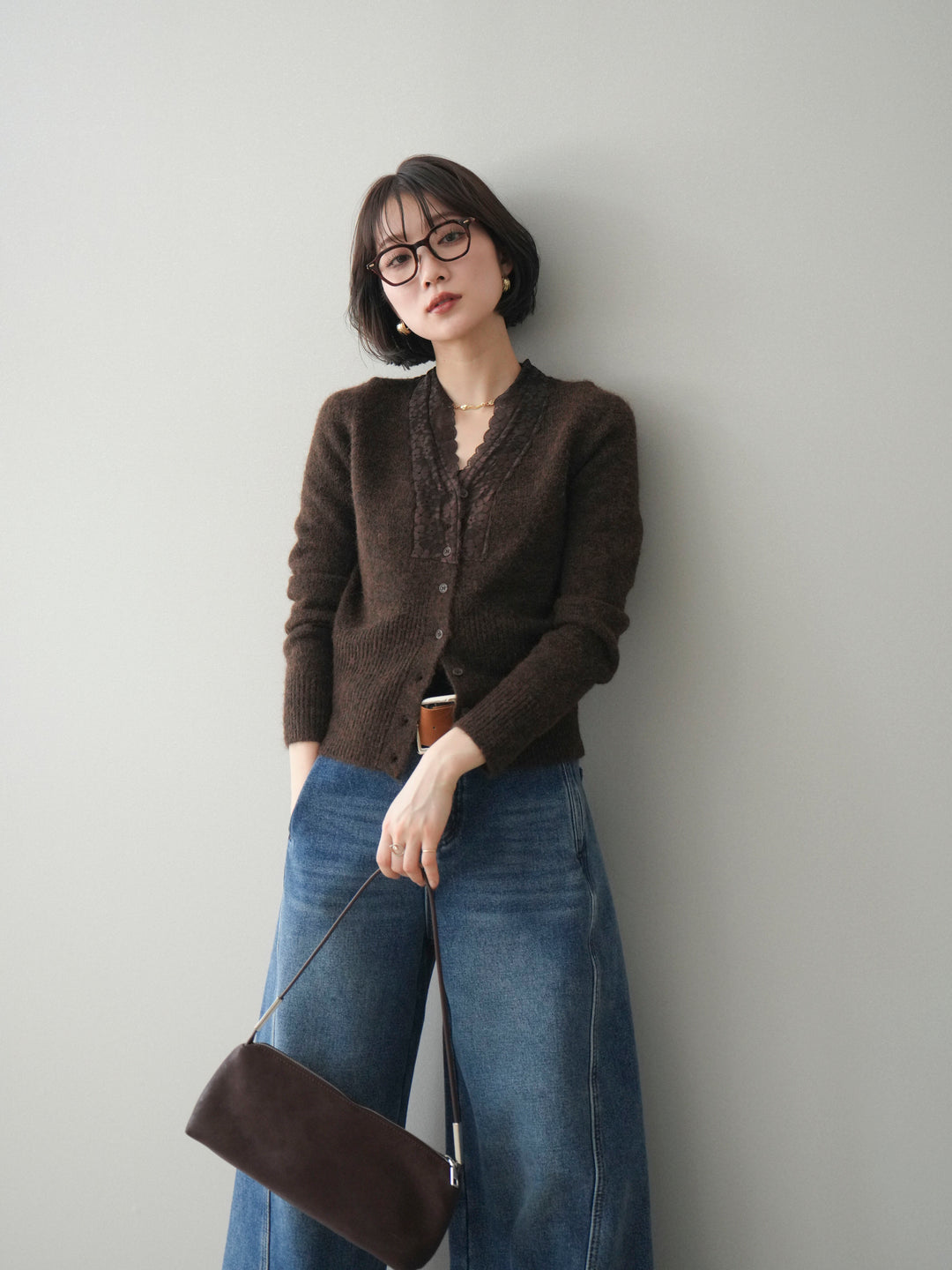 [SET]レースネックコンパクトニットカーディガン+選べるアクセセット(2set)