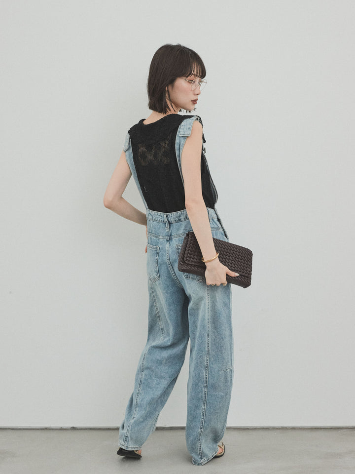 [SET]センターシームデニムサロペット +テープヤーンラッフルノースリトップス(2set)