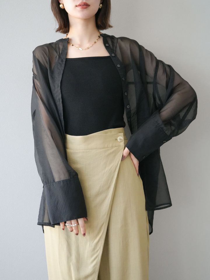 [予約]シャイニーシアーバンドカラーシャツ/ブラック