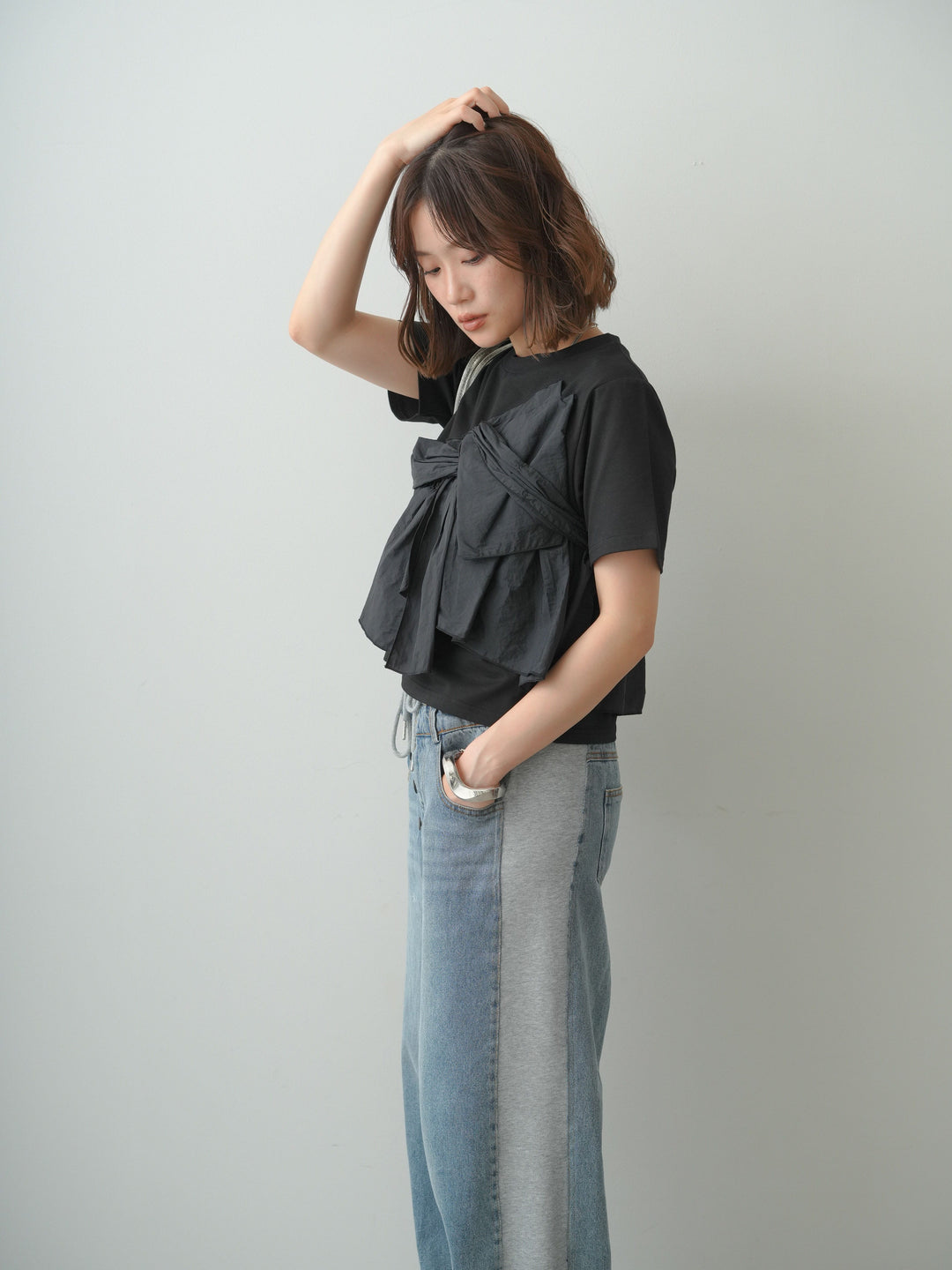 [SET]ナイロンドッキングツイストTEE +デニム切替スウェットパンツ(2set)