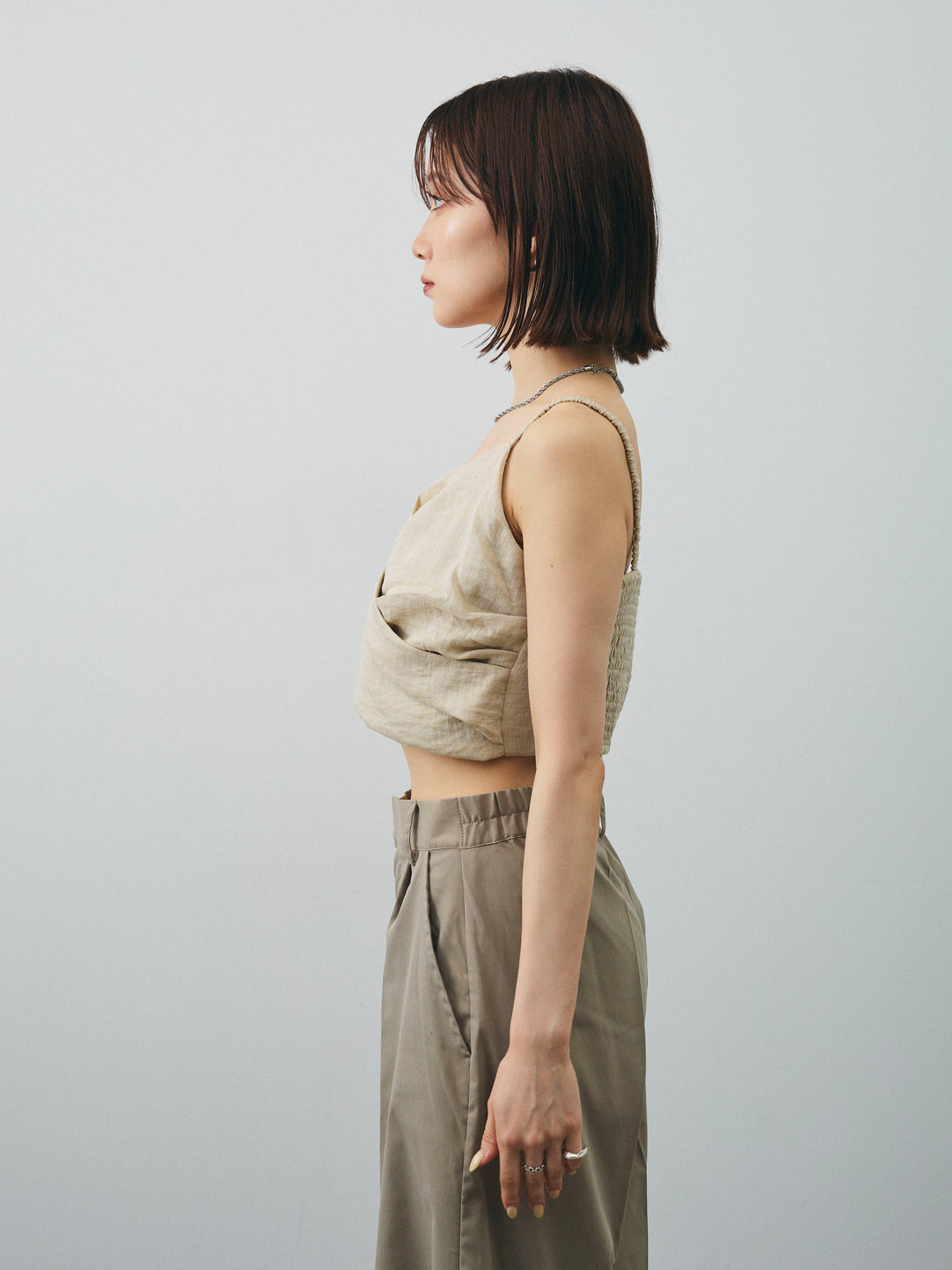 [予約]リネンライクカシュクールデザインビスチェ/ベージュ