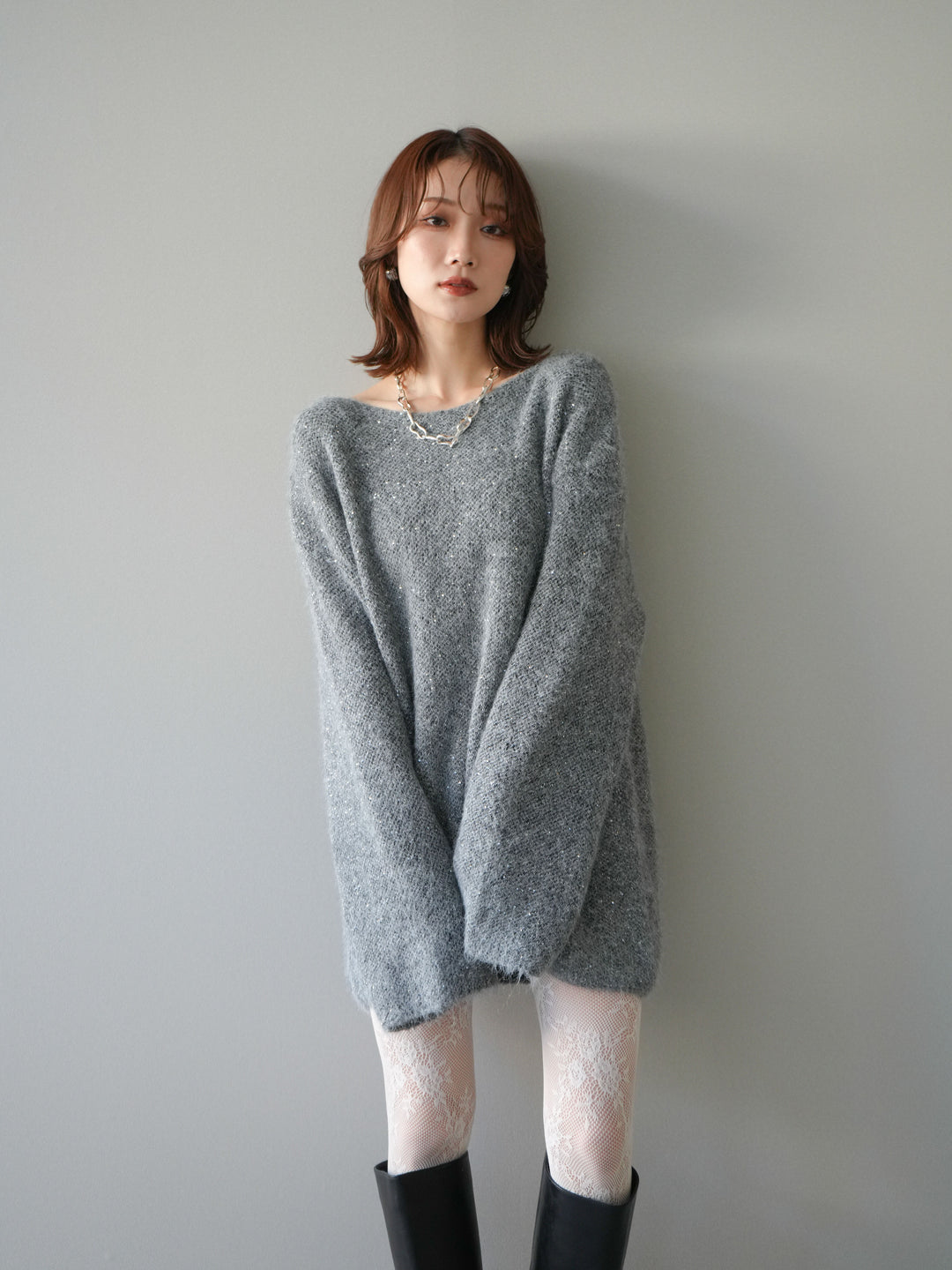 [予約]スパンコールミニシャギーニットチュニック/gray