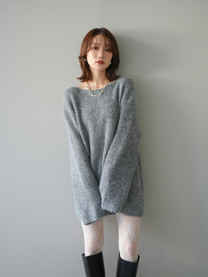 [予約]スパンコールミニシャギーニットチュニック/gray