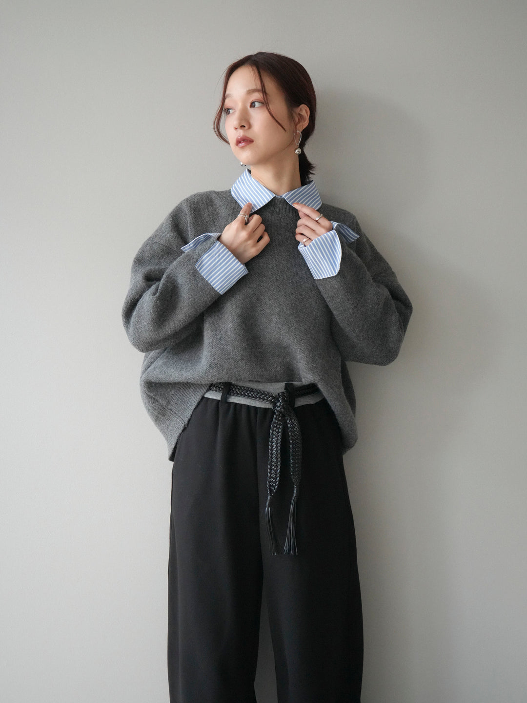 [予約]2WAYストライプ襟ニットプルオーバー/charcoal