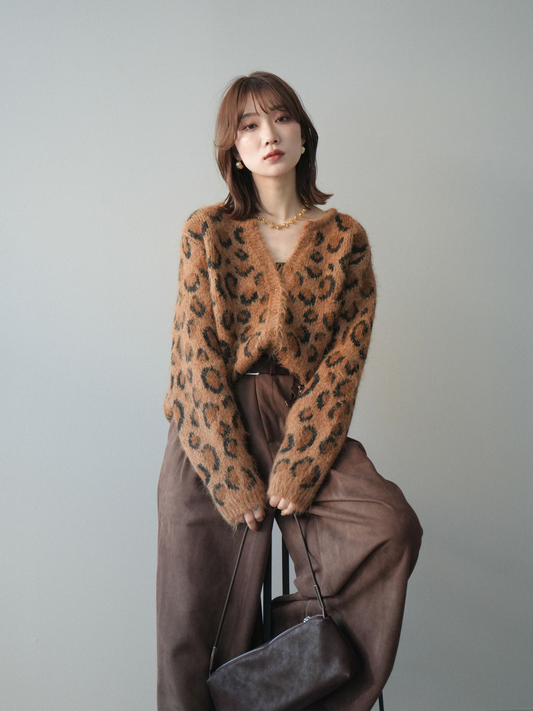 [SET]モヘアタッチレオパード柄ニットカーディガン+モヘアタッチレオパード柄ニットカーディガン(2set)