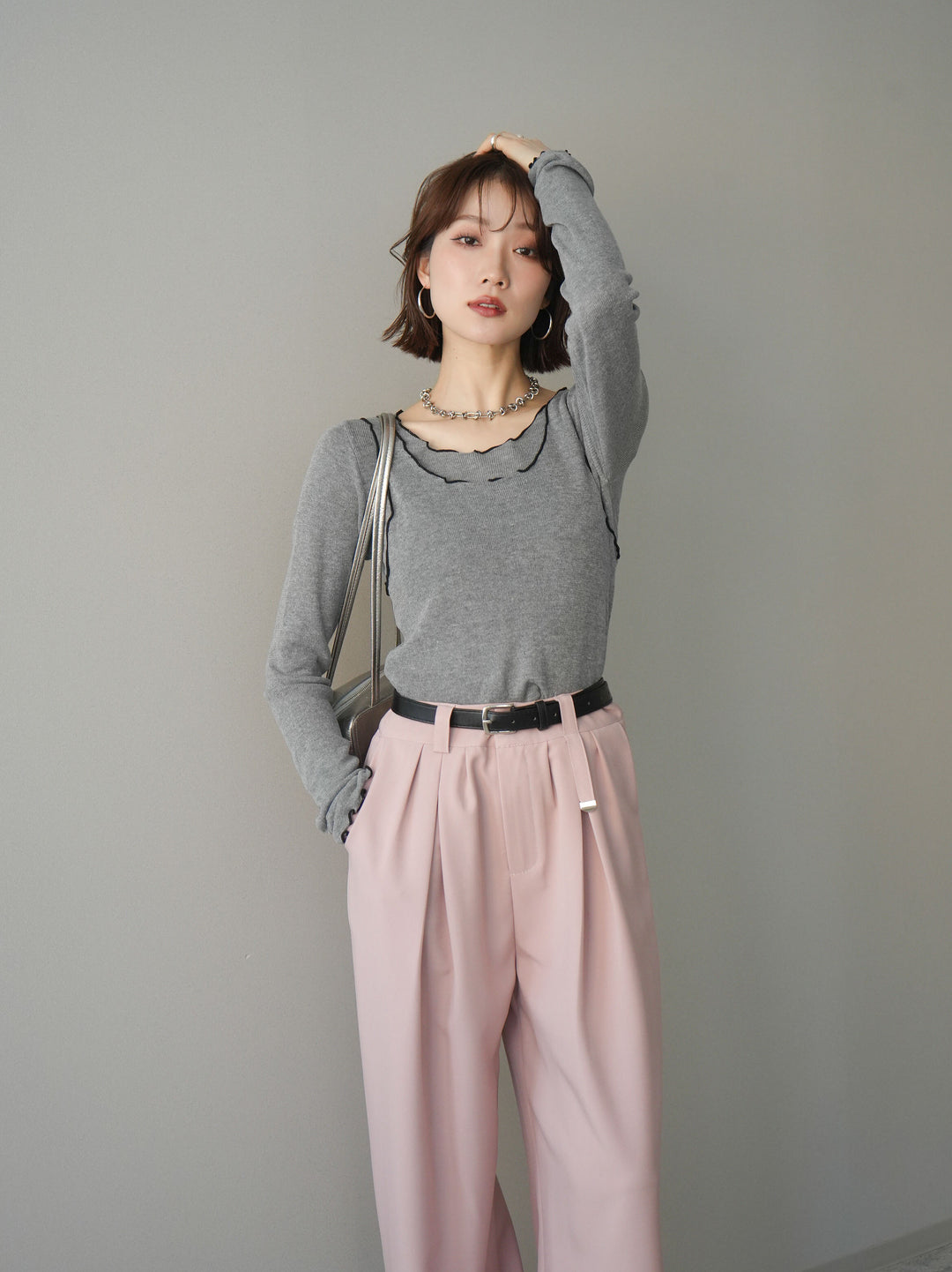 [予約]バイカラーメローアンサンブルシアーニットトップス/gray