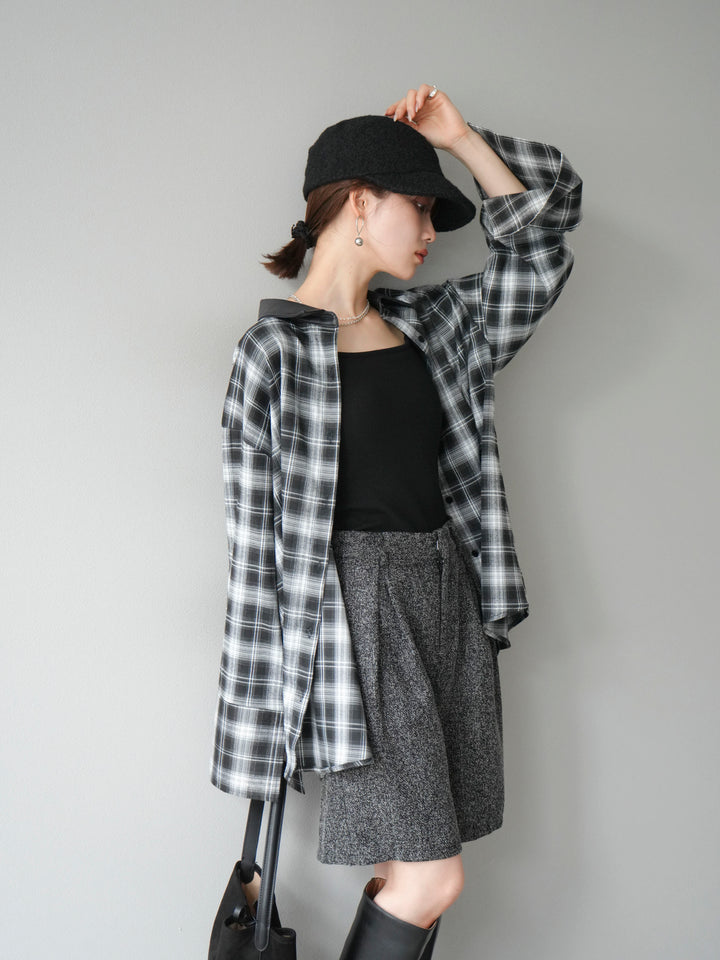 【着回しセット】[SET]レザー襟オンブレチェックオーバーシャツ +クラッシュベロアナロースカート+ツイードハーフパンツ(3set)