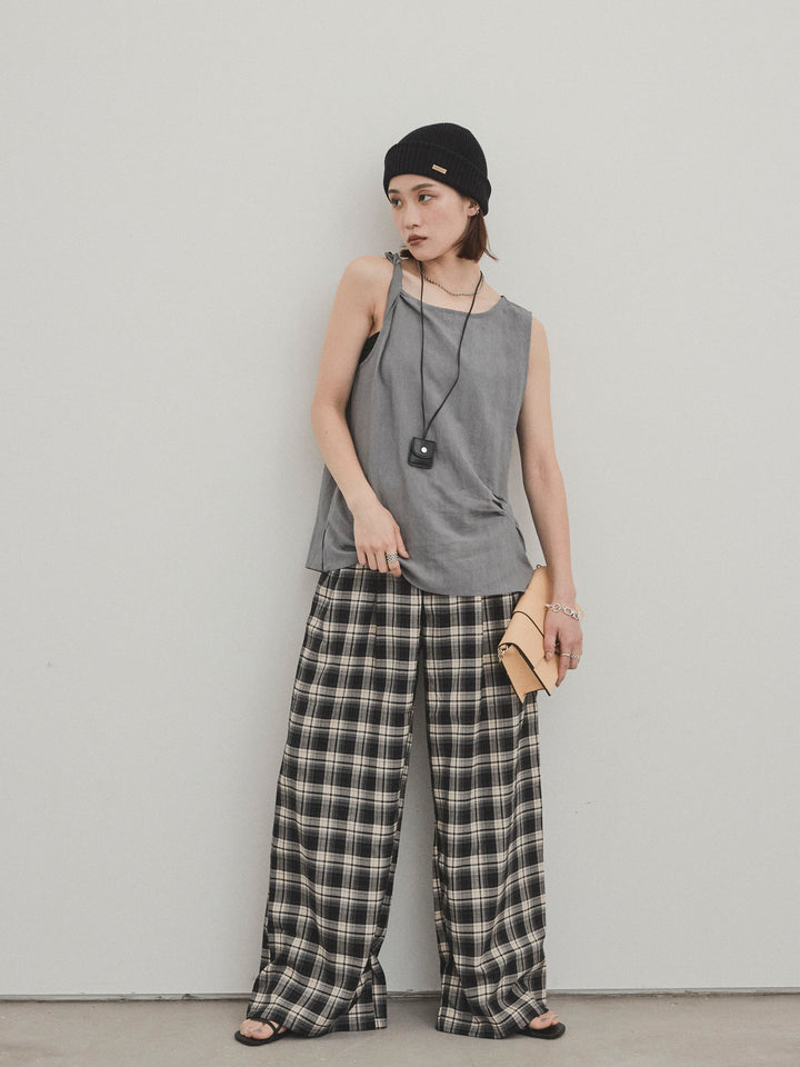 [SET] 扭紋無袖上衣配皮項鍊 + 格紋寬褲 (2 件套)