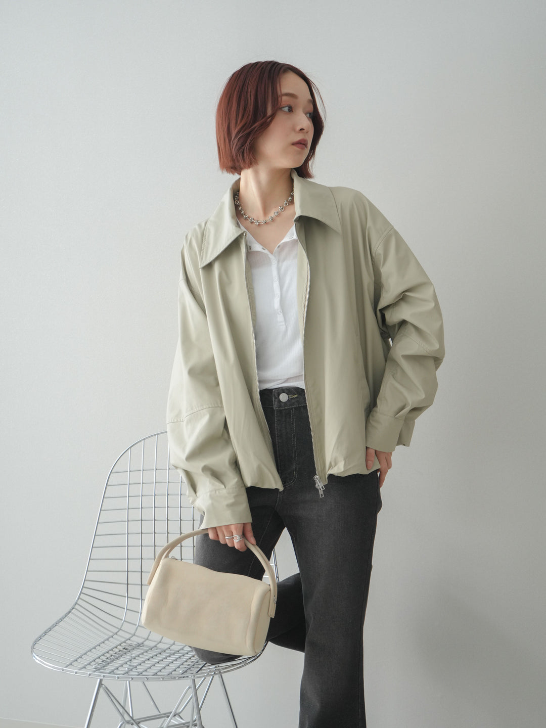 [予約]ウォッシャブルフェイクレザーバルーンジャケット/ecru