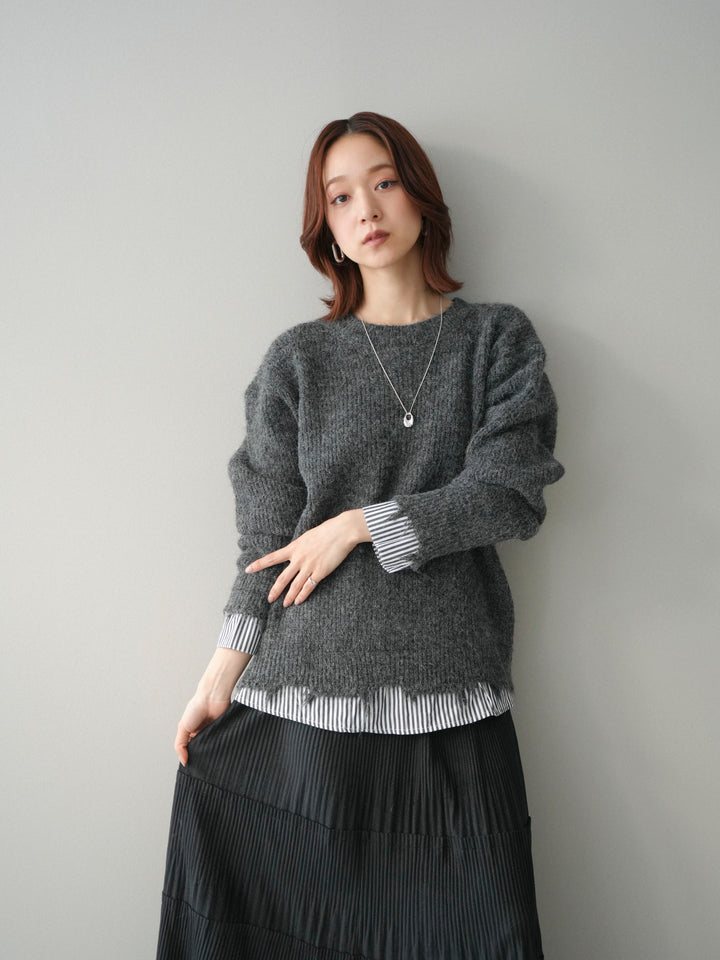 [予約]裾シャツレイヤードダメージニットプルオーバー/darkgrey