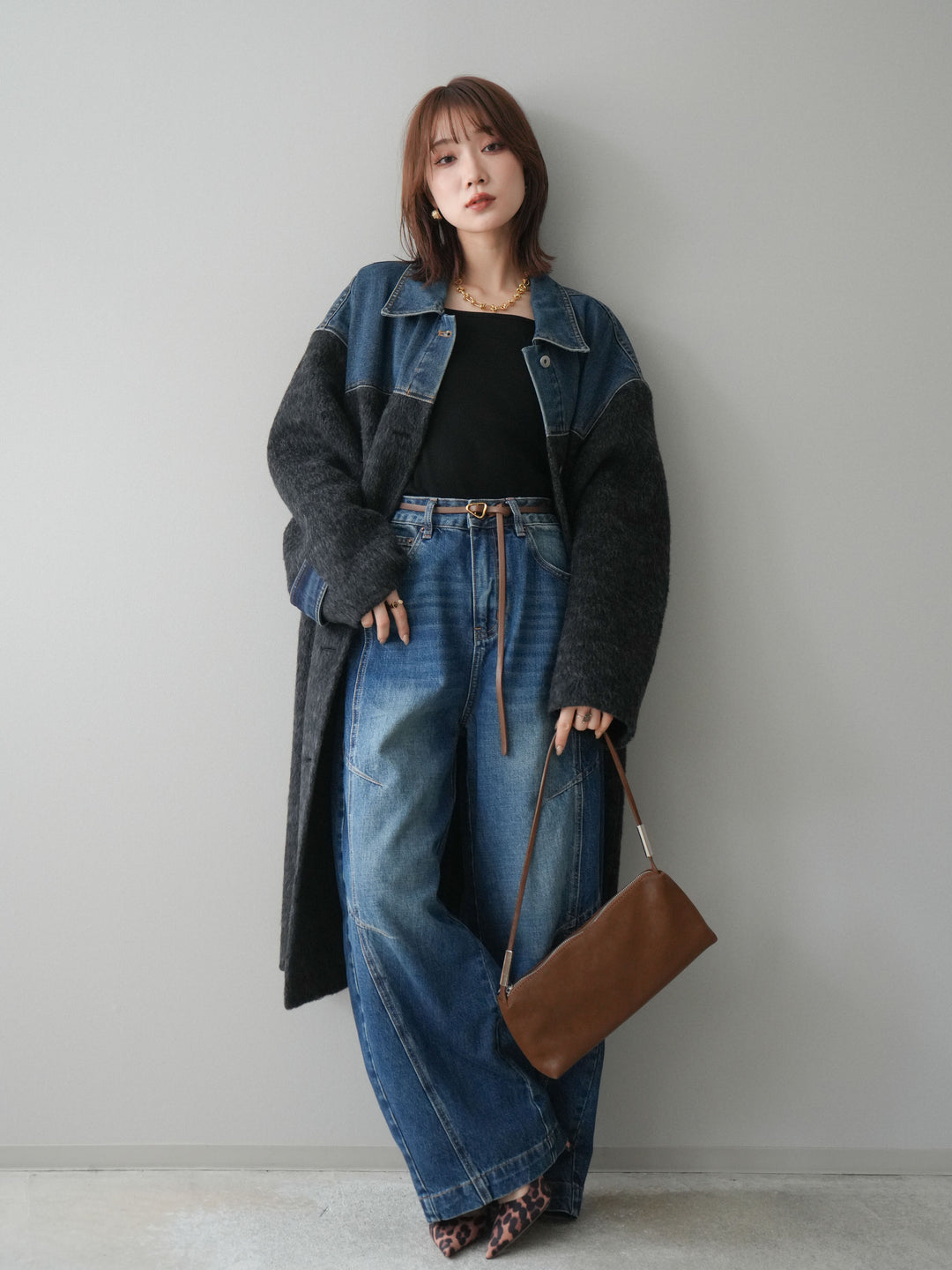 [SET]デニム切替シャギーステンカラーコート+選べるアクセセット(2set)