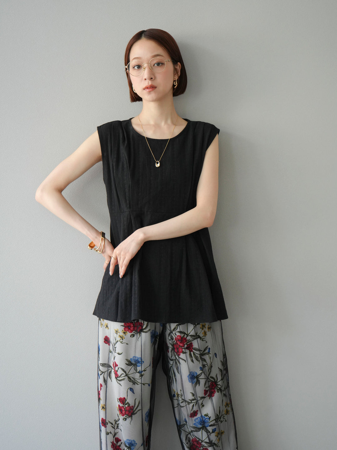 [予約]ドビーストライプタックブラウス/ブラック