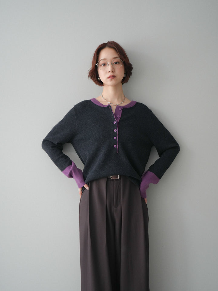 [SET]ヘンリーネック配色ニットソー+ベルトループデザインワイドパンツ(2set)