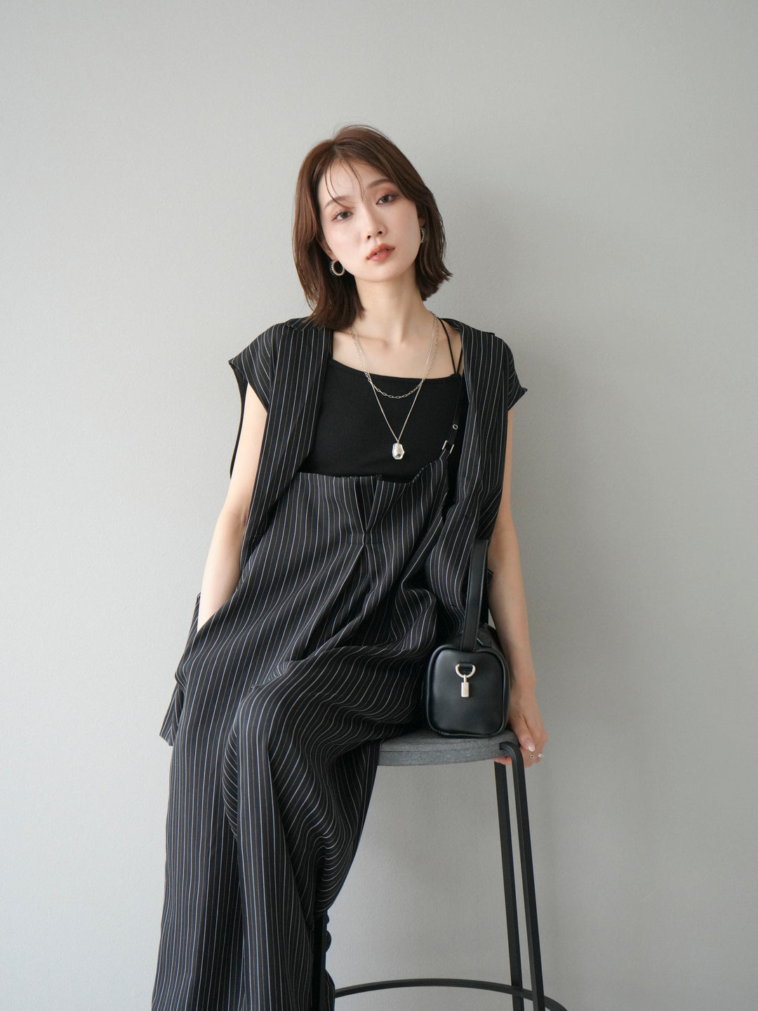 【着回しセット】[SET]ヘリンボーンストライプジレ+シアー切替ベロアトップス+ヘリンボーンストライプサロペット(3set)