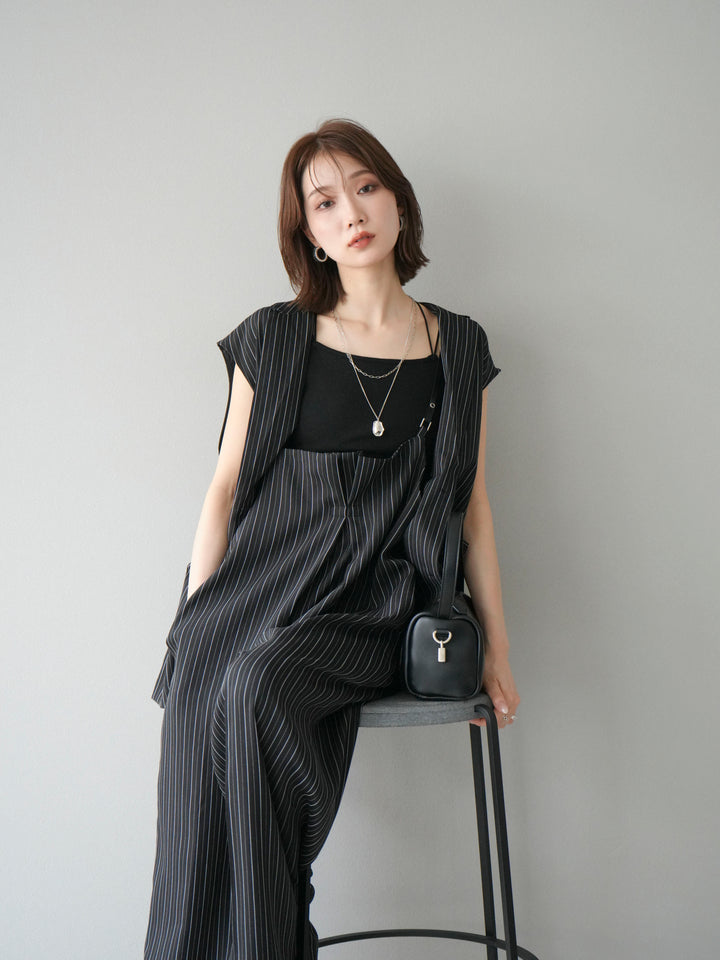 【着回しセット】[SET]ヘリンボーンストライプジレ+シアー切替ベロアトップス+ヘリンボーンストライプサロペット(3set)