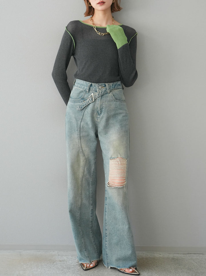 【預購】色彩協調的透明亞麻針織上衣/炭綠色