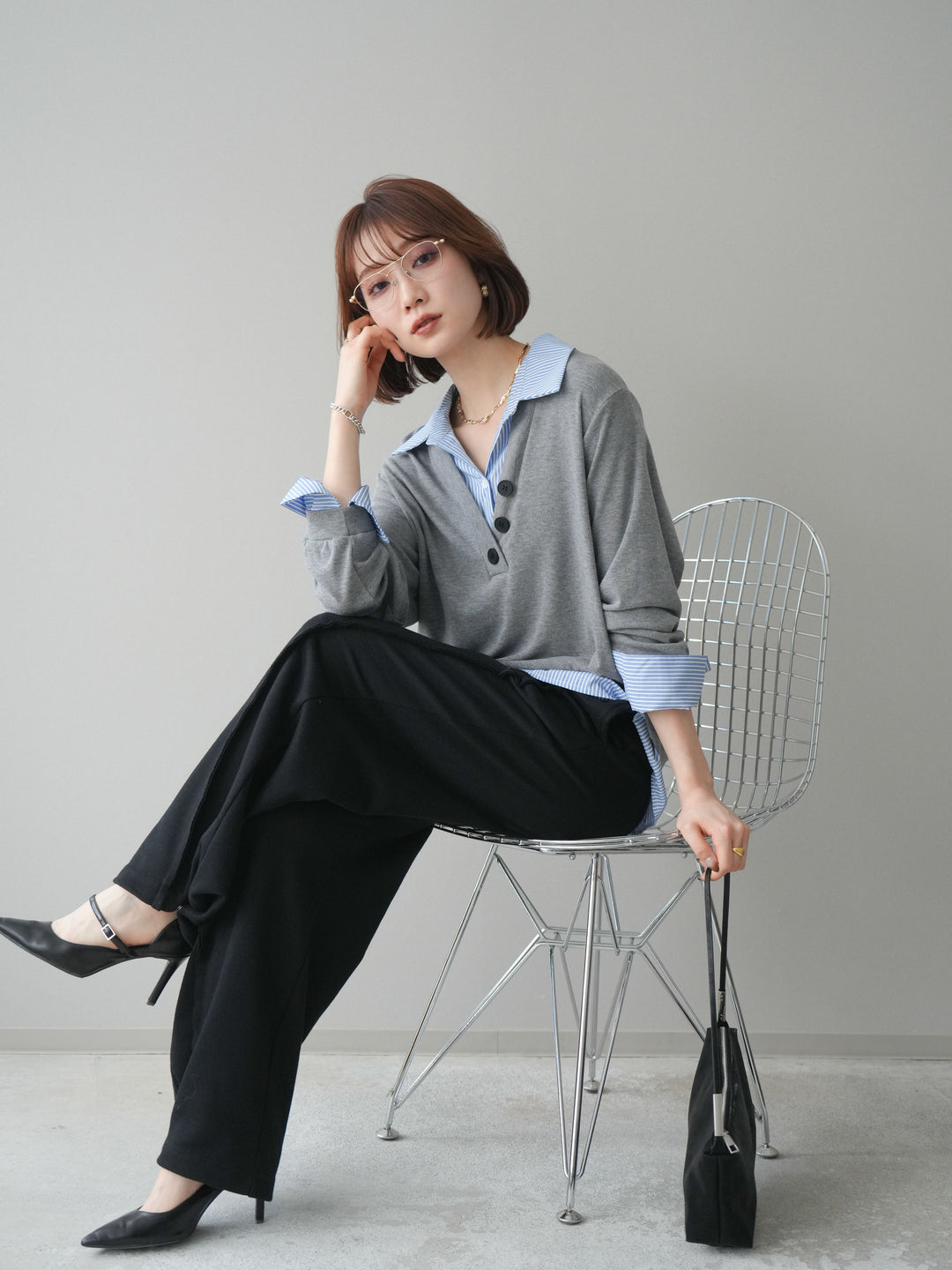 [予約]シャツレイヤードデザインカットプルオーバー/lightgray