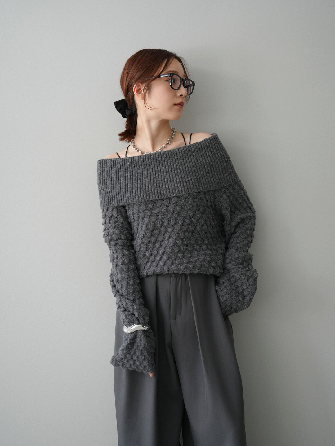 [SET]ポコポコ編みオフショルニットプルオーバー+ベルトループデザインワイドパンツ(2set)