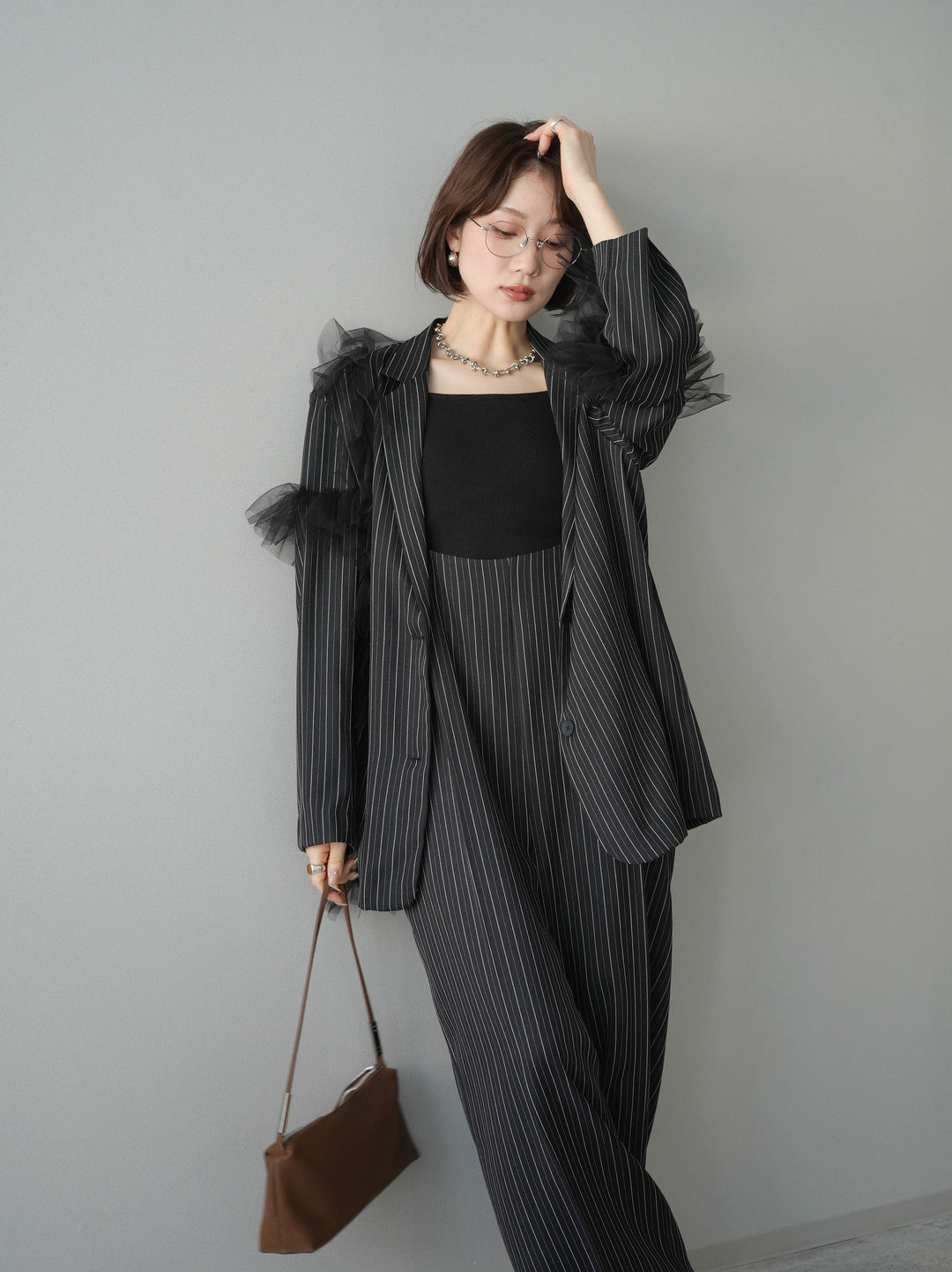 [SET]アシンメトリーチュールストライプジャケット+ヘリンボーンストライプサロペット(2set)