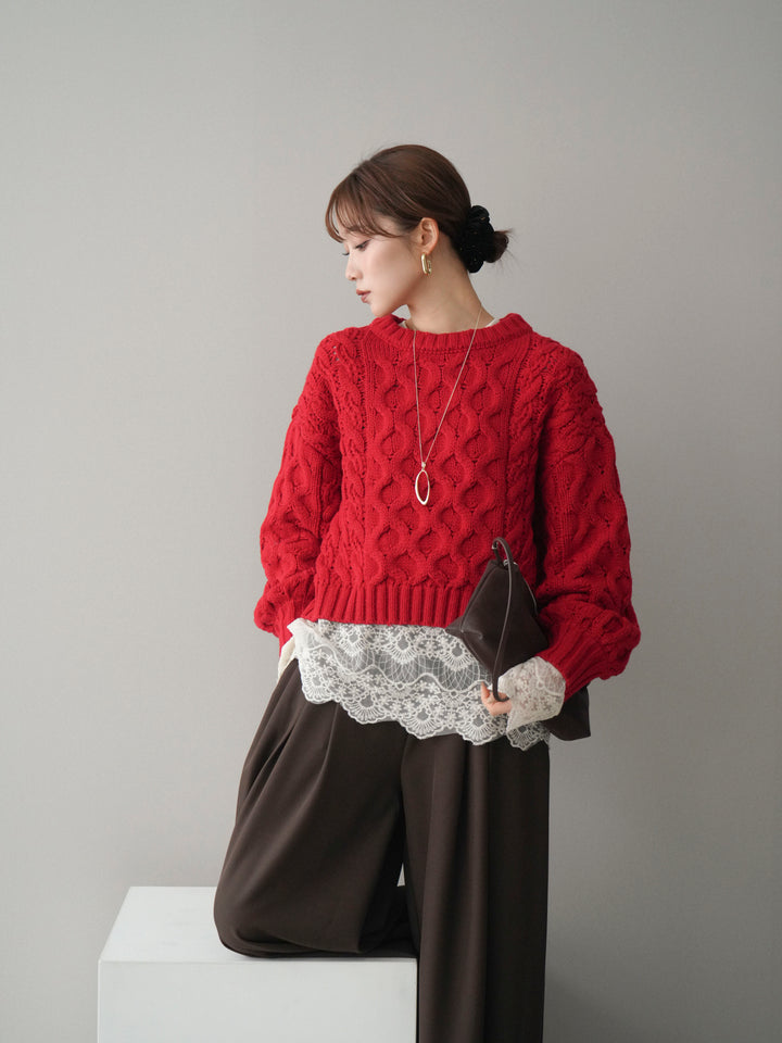 [予約]バルキーケーブルクロップドニットプルオーバー/red
