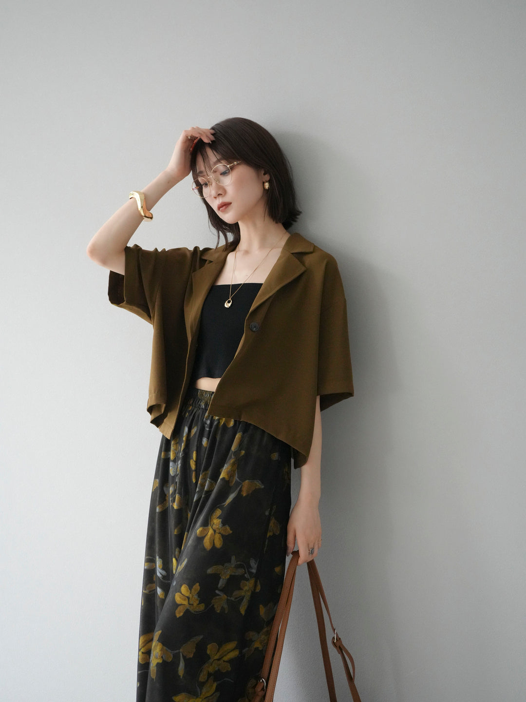 [SET]ハーフショートジャケット+フラワープリントチュールレイヤードパンツ(2set)