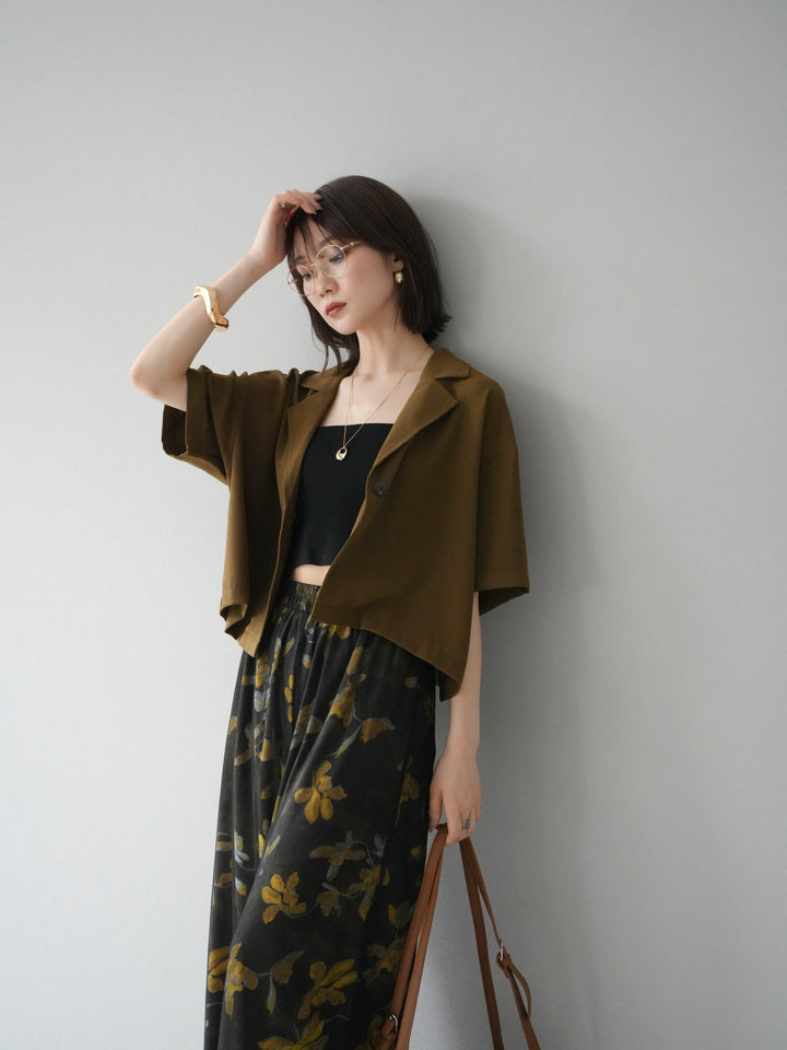 [SET]ハーフショートジャケット+フラワープリントチュールレイヤードパンツ(2set)