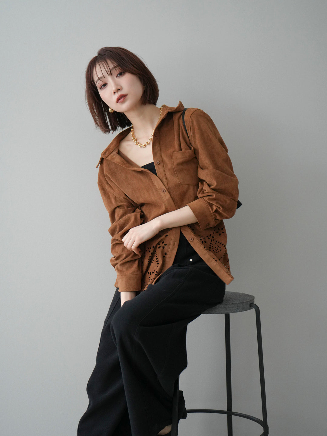 [SET]裾スカラップスエードシャツ+ベルト付起毛コクーンパンツ(2set)