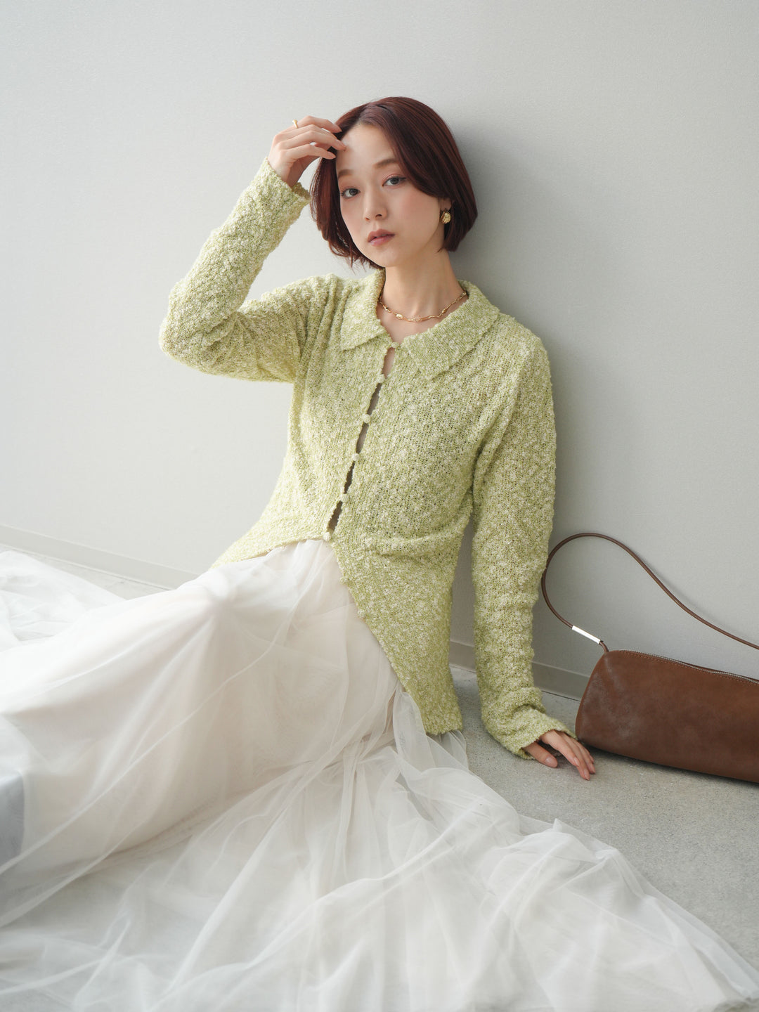 [予約]透かし編みブークレポロニットトップス/green