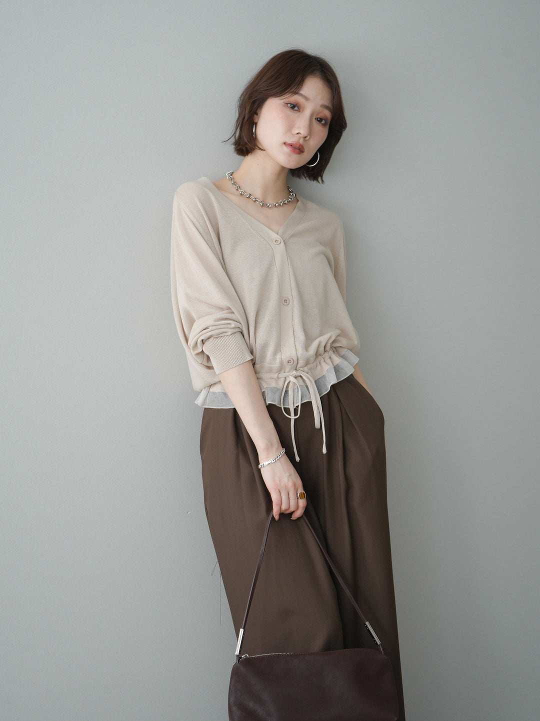 [SET]裾フリルラメシアーニットカーディガン+ダブルバックルベルト付ワイドパンツ(2set)