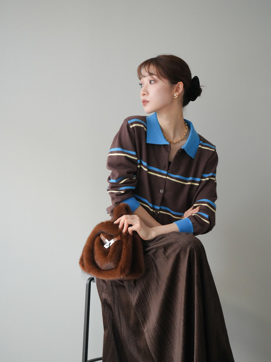 [予約]配色マルチボーダーポロニットカーディガン/brown