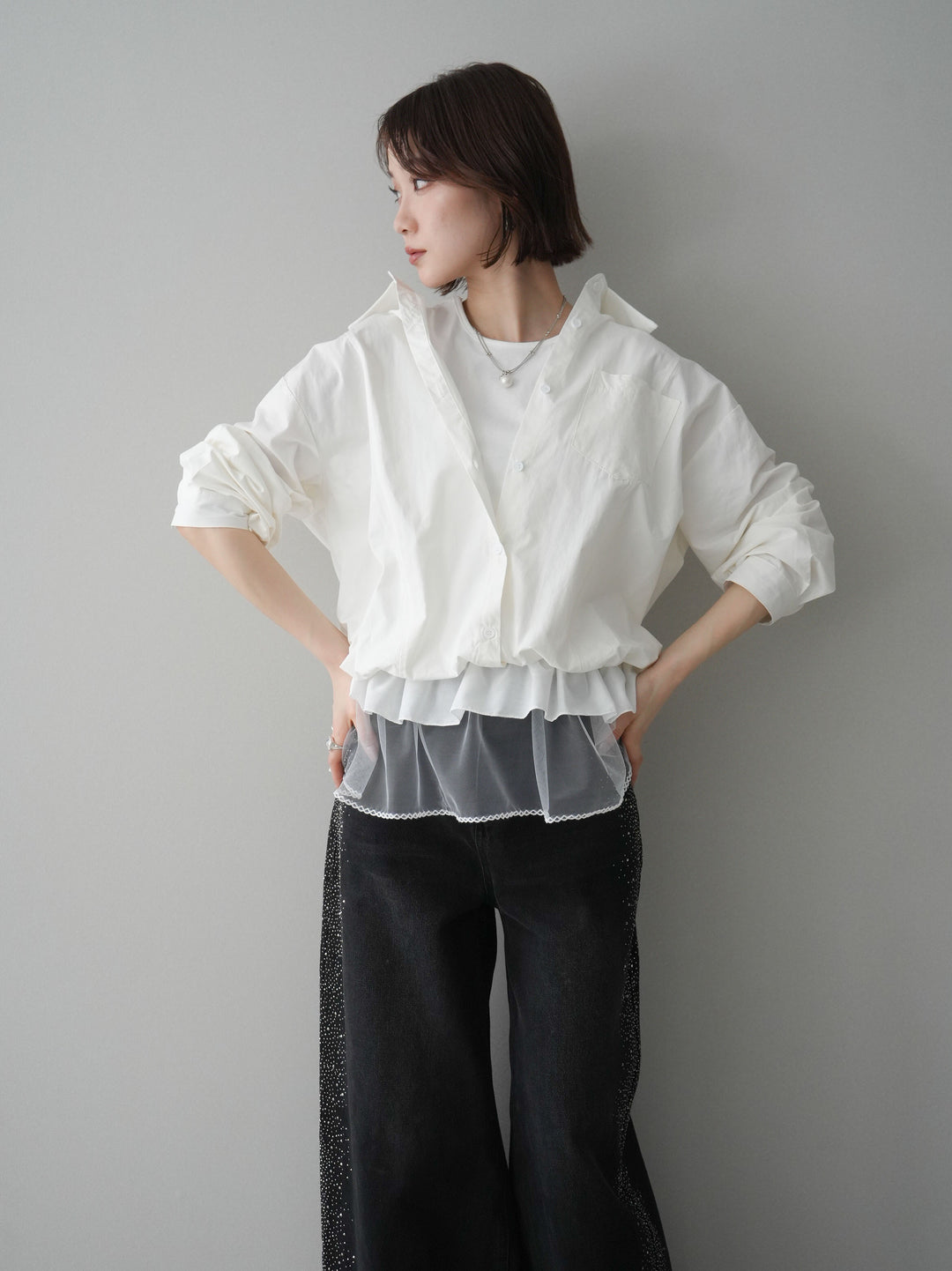 [予約]裾チュールノースリーブカットソー＆シャツドッキングトップス/white
